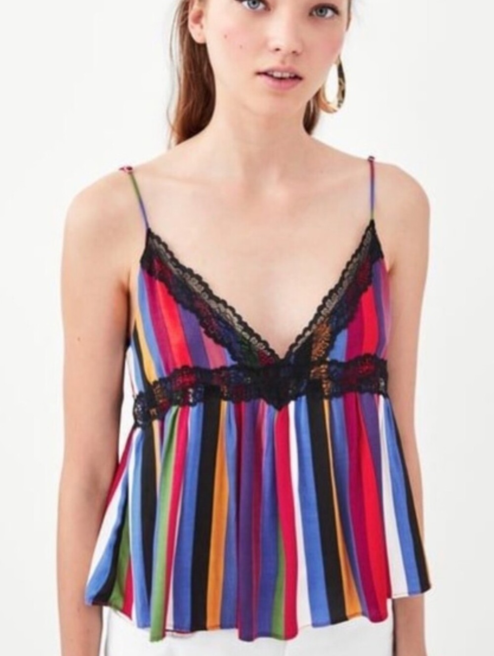 ZARA TRF Collection Rainbow Stripe Babydoll Lace Trim Swing Cami Top SZ Large